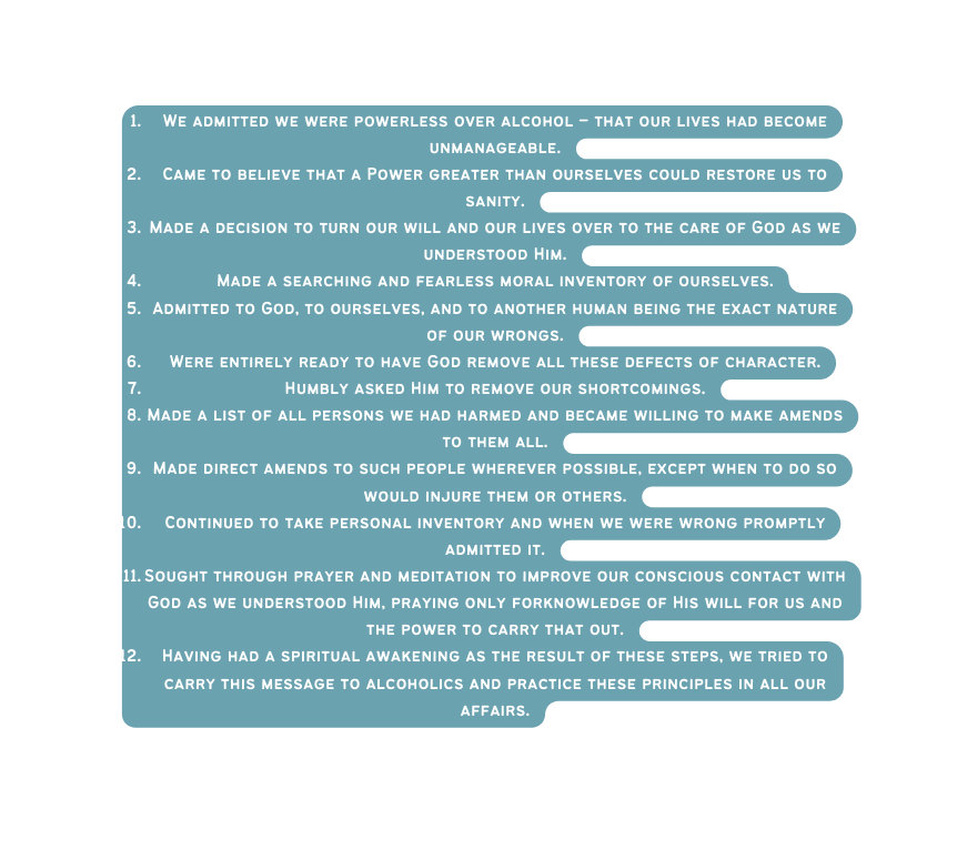 We admitted we were powerless over alcohol that our lives had become unmanageable Came to believe that a Power greater than ourselves could restore us to sanity Made a decision to turn our will and our lives over to the care of God as we understood Him Made a searching and fearless moral inventory of ourselves Admitted to God to ourselves and to another human being the exact nature of our wrongs Were entirely ready to have God remove all these defects of character Humbly asked Him to remove our shortcomings Made a list of all persons we had harmed and became willing to make amends to them all Made direct amends to such people wherever possible except when to do so would injure them or others Continued to take personal inventory and when we were wrong promptly admitted it Sought through prayer and meditation to improve our conscious contact with God as we understood Him praying only forknowledge of His will for us and the power to carry that out Having had a spiritual awakening as the result of these steps we tried to carry this message to alcoholics and practice these principles in all our affairs